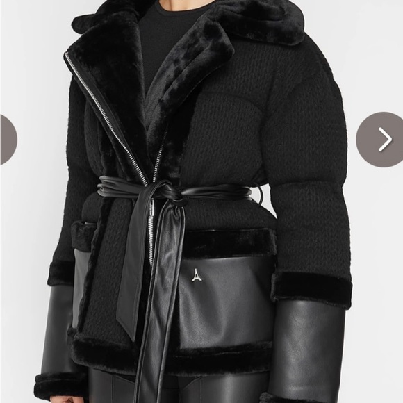 Knit and plush puffer jacket with belt black Clearance